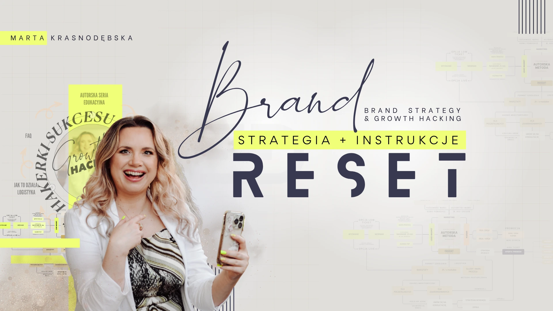 Brand Reset Hakerki Sukcesu Kurs online Okładka kursu ze zdjęciem autorki Marty Krasnodebskiej w białej marynarce i zilonej sukience, Brand Reset Hakerki Sukcesu Kurs online Strategia skalowania marki i instrukcje lejków sprzedażowych